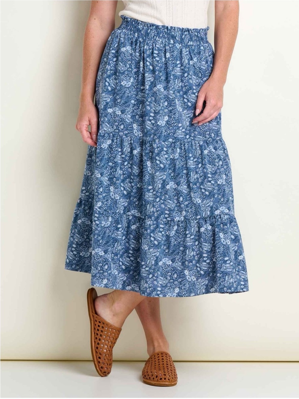 Toad & Co Blue Floral Sun Kissed Tiered Midi Skirt, M
